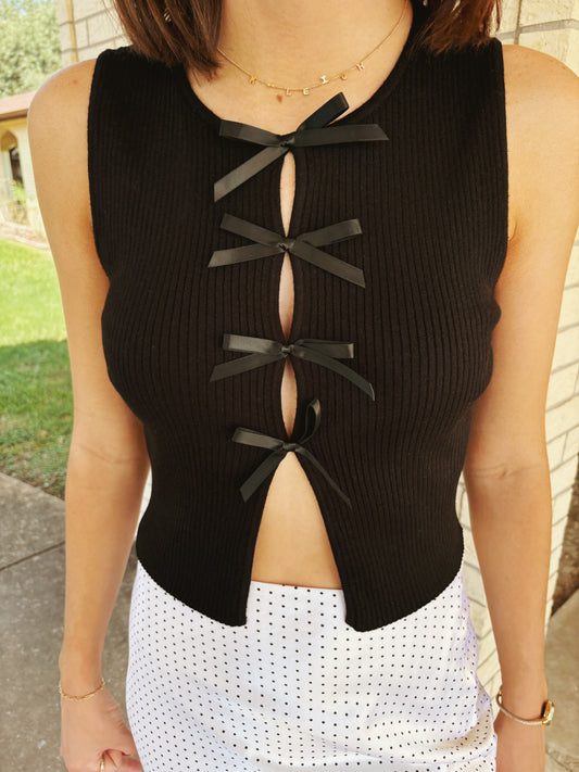 Black Ribbed Bow Top