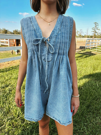 Pleated Denim Sleeveless Romper