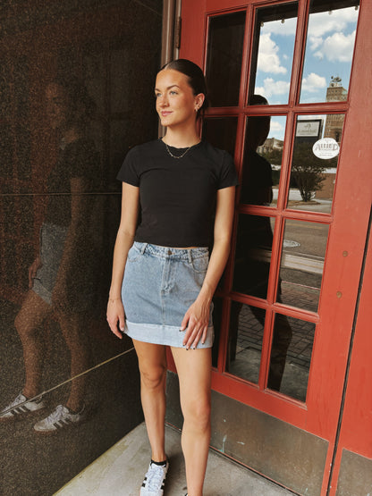 High Waisted Cuffed Denim Mini Skirt