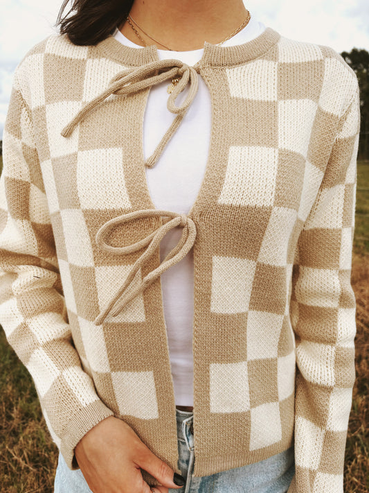 Beige Checkered Cardigan