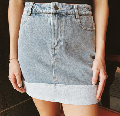 High Waisted Cuffed Denim Mini Skirt