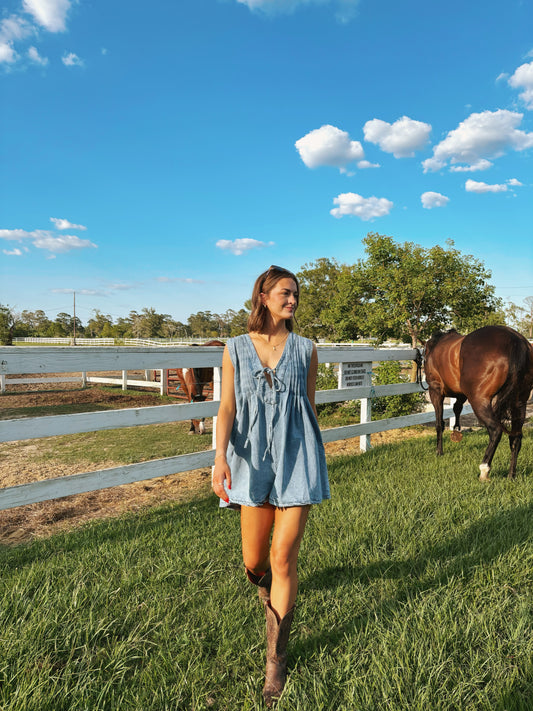 Pleated Denim Sleeveless Romper