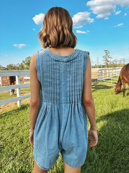 Pleated Denim Sleeveless Romper